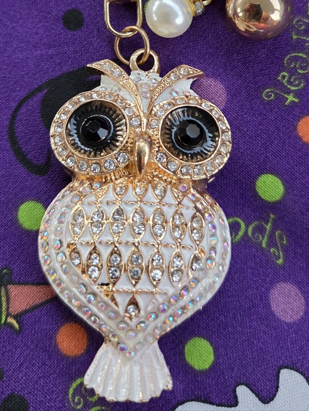 Big Bling White Owl clip-on Rhinestones charm goldtone & faux white Pearl Beads